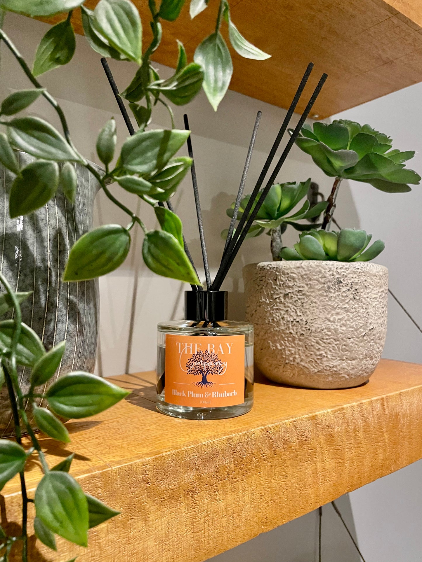 The Bay Company reed diffuser with a fruity scent. Black plumb and rhubarb.