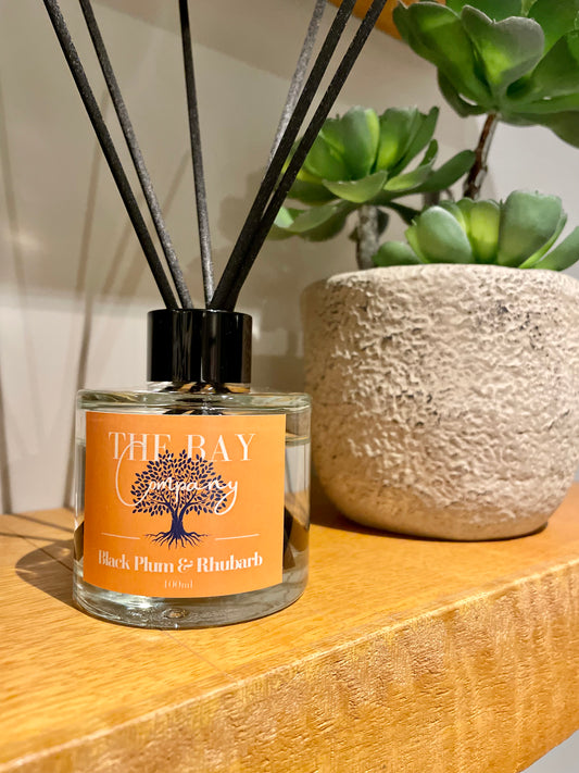 The Bay Company reed diffuser with a fruity scent. Black plumb and rhubarb. 