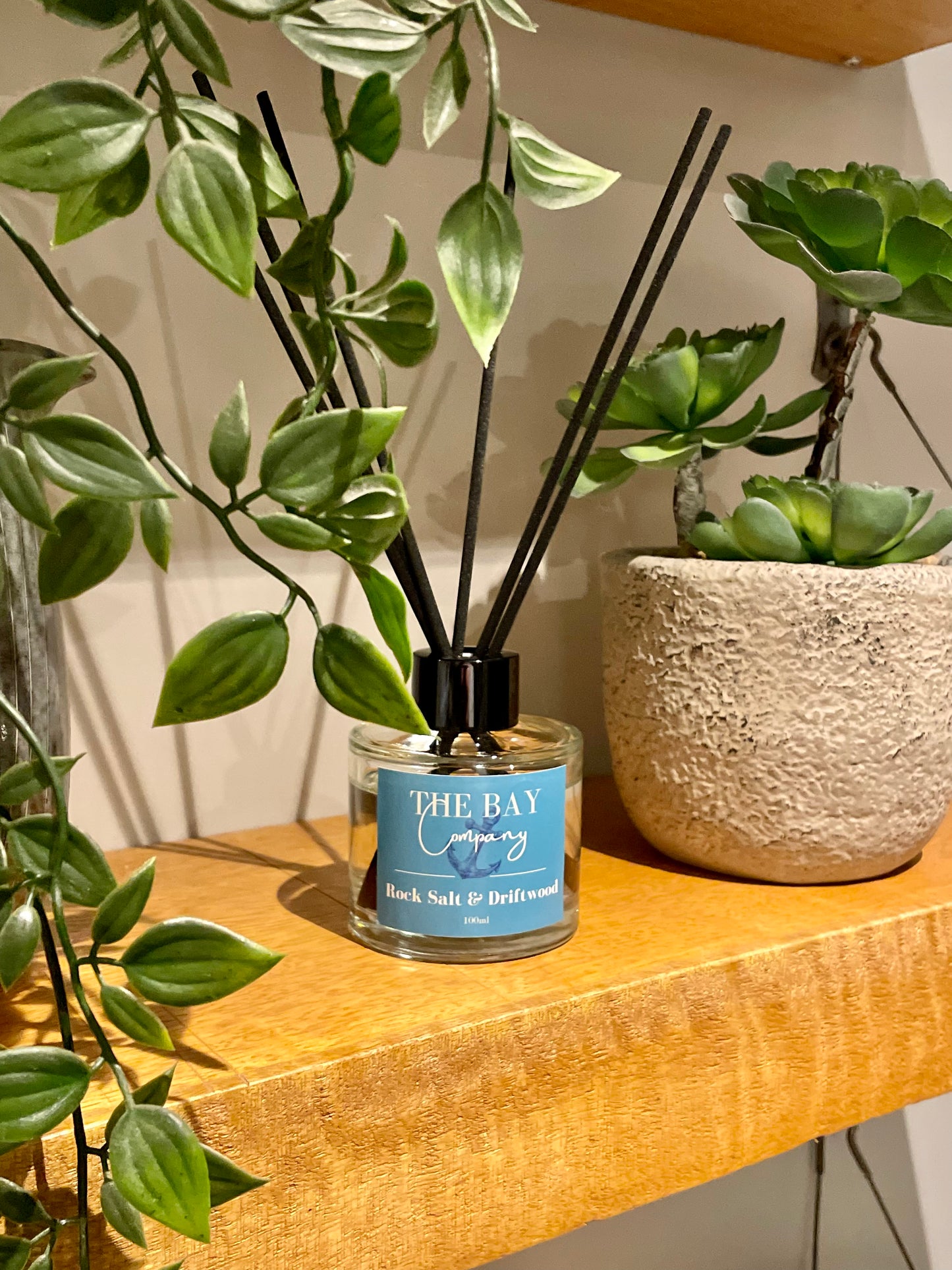 The Bay Company reed diffuser with a salty seaside scent. Rock salt and driftwood. 